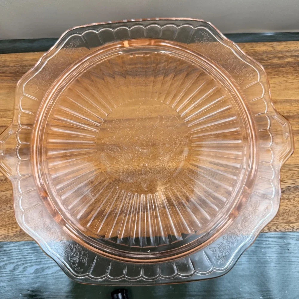 Anchor Hocking Mayfair Open Rose Pink Depression Glass Cake Plate 12.5